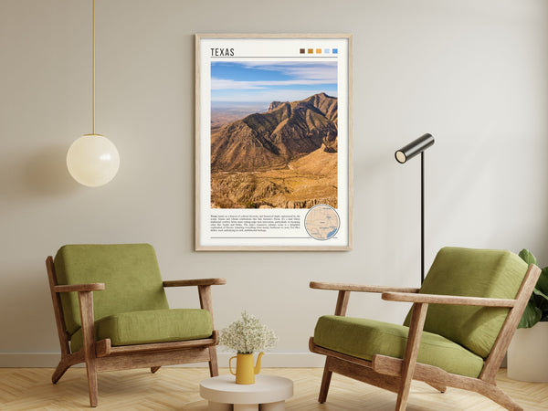 Descriptive Minimalist Texas Poster in Wooden Frame displayed in a living room with green chairs.