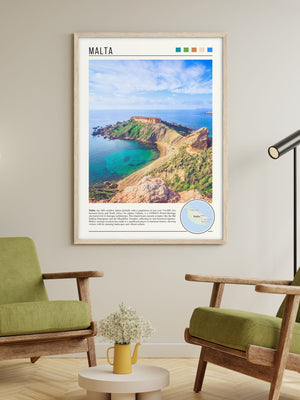 Descriptive Minimalist Malta Poster in Wooden Frame displayed in a living room with green chairs.