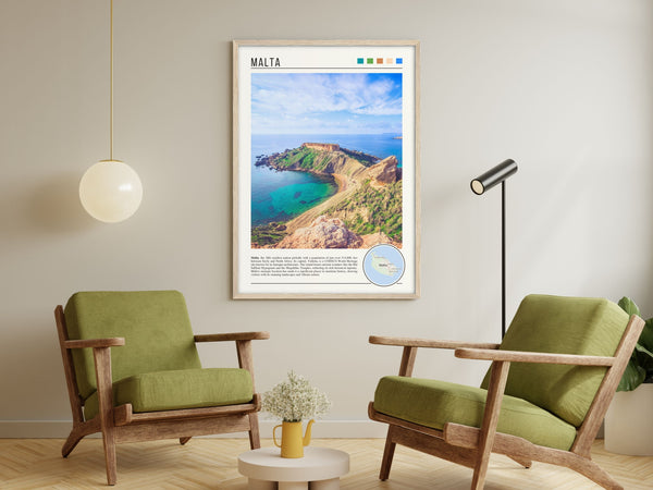 Descriptive Minimalist Malta Poster in Wooden Frame displayed in a living room with green chairs.