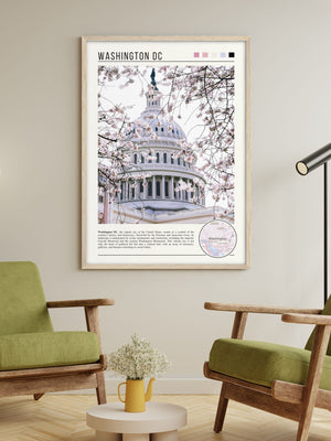 Descriptive Minimalist Washington Poster in Wooden Frame displayed in a living room with green chairs.