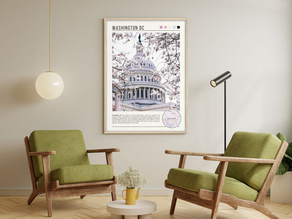 Descriptive Minimalist Washington Poster in Wooden Frame displayed in a living room with green chairs.