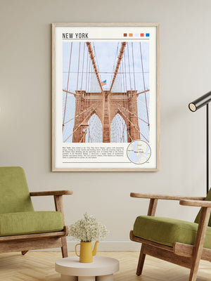 Descriptive Minimalist Brooklyn Bridge Poster in Wooden Frame displayed in a living room with green chairs.