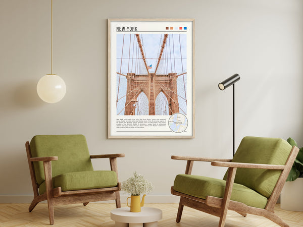 Descriptive Minimalist Brooklyn Bridge Poster in Wooden Frame displayed in a living room with green chairs.