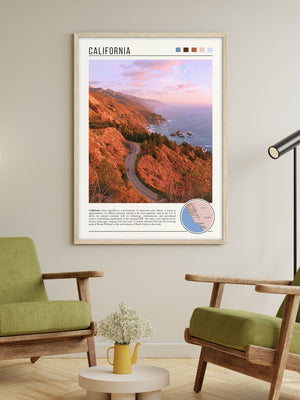 Descriptive Minimalist California Poster in Wooden Frame displayed in a living room with green chairs.