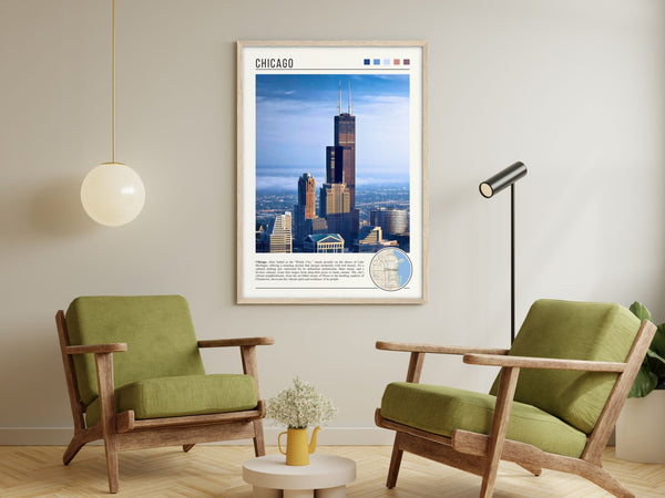 Descriptive Minimalist Willis Tower Poster in Wooden Frame displayed in a living room with green chairs.