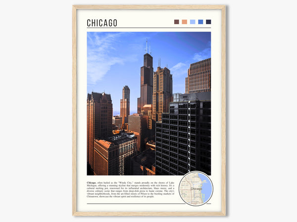 Descriptive Minimalist Chicago Poster in Wooden Frame