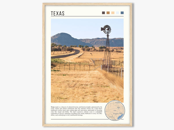 Descriptive Minimalist Texas Poster in Wooden Frame