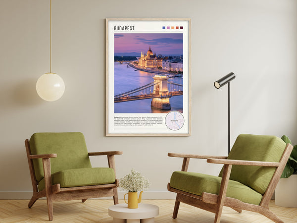 Descriptive Minimalist Budapest Poster in Wooden Frame displayed in a living room with green chairs.