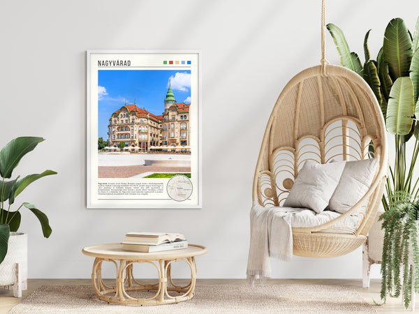 Descriptive Minimalist Nagyvárad Poster in White Frame displayed in a modern living room with a wicker chair.