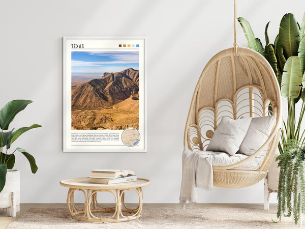 Descriptive Minimalist Texas Poster in White Frame displayed in a modern living room with a wicker chair.