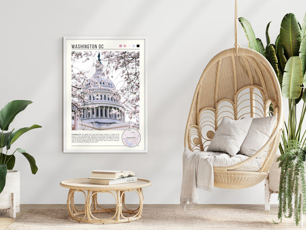 Descriptive Minimalist Washington Poster in White Frame displayed in a modern living room with a wicker chair.