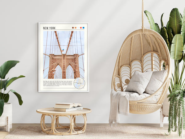 Descriptive Minimalist Brooklyn Bridge Poster in White Frame displayed in a modern living room with a wicker chair.