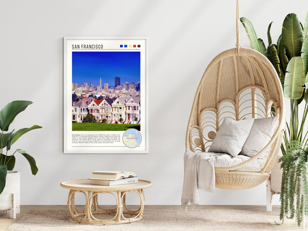 Descriptive Minimalist San Francisco Poster in White Frame displayed in a modern living room with a wicker chair.