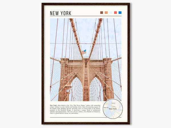 Descriptive Minimalist Brooklyn Bridge Poster in Dark Wooden Frame