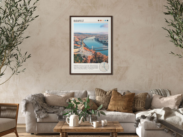 Descriptive Minimalist Budapest Poster in Dark Wooden Frame displayed in a cozy living room with a beige sofa.