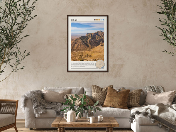 Descriptive Minimalist Texas Poster in Dark Wooden Frame displayed in a cozy living room with a beige sofa.