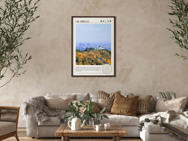 Descriptive Minimalist Los Angeles Poster in Dark Wooden Frame displayed in a cozy living room with a beige sofa.