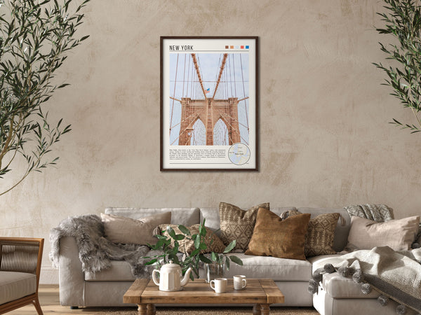 Descriptive Minimalist Brooklyn Bridge Poster in Dark Wooden Frame displayed in a cozy living room with a beige sofa.