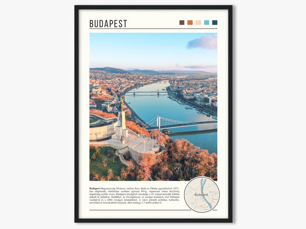 Descriptive Minimalist Budapest Poster in Black Frame displayed in a living room with a gray armchair.