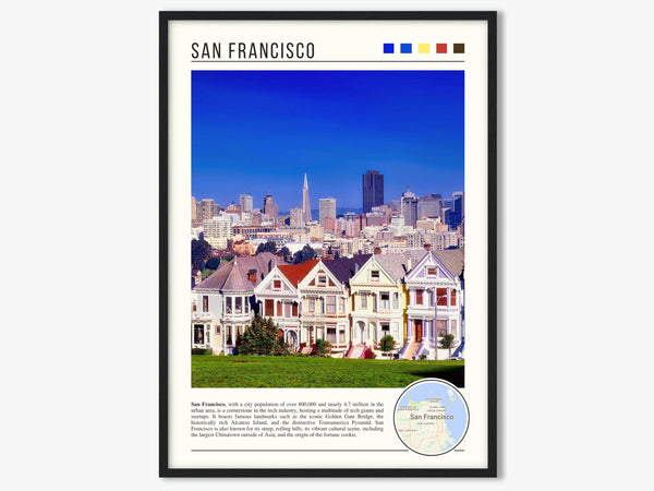 Descriptive Minimalist San Francisco Poster in Black Frame displayed in a living room with a gray armchair.