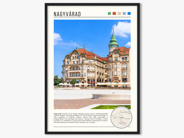 Descriptive Minimalist Nagyvárad Poster in Black Frame displayed in a living room with a gray armchair.