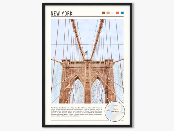 Descriptive Minimalist Brooklyn Bridge Poster in Black Frame displayed in a living room with a gray armchair.