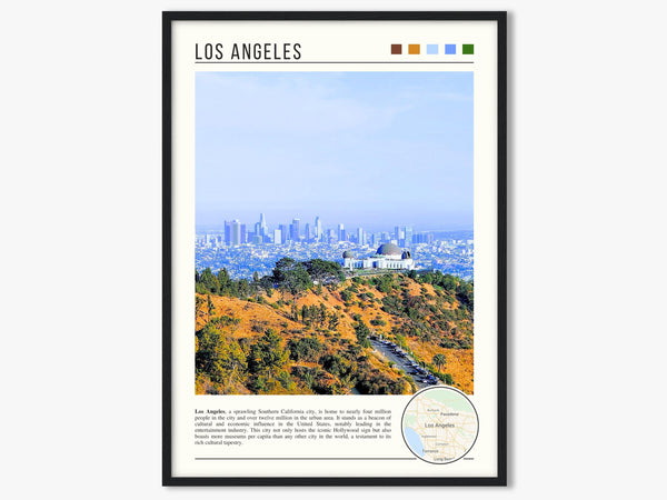 Descriptive Minimalist Los Angeles Poster in Black Frame displayed in a living room with a gray armchair.