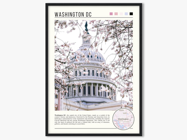 Descriptive Minimalist Washington Poster in Black Frame displayed in a living room with a gray armchair.