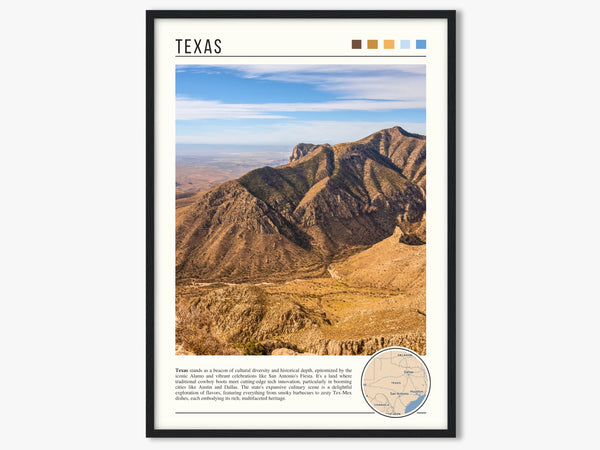 Descriptive Minimalist Texas Poster in Black Frame displayed in a living room with a gray armchair.