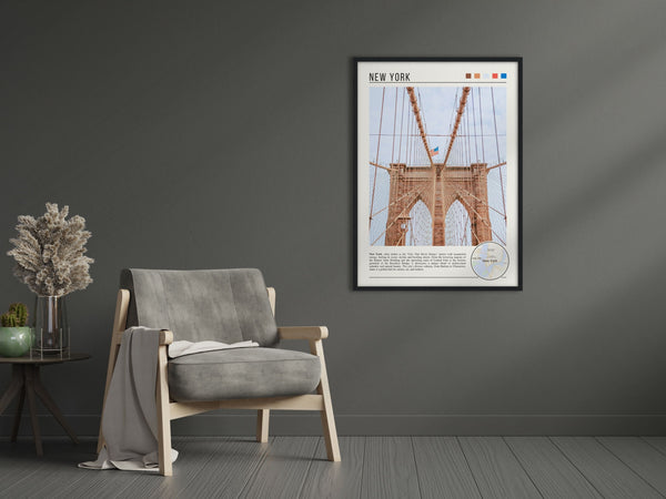 Descriptive Minimalist Brooklyn Bridge Poster in Black Frame