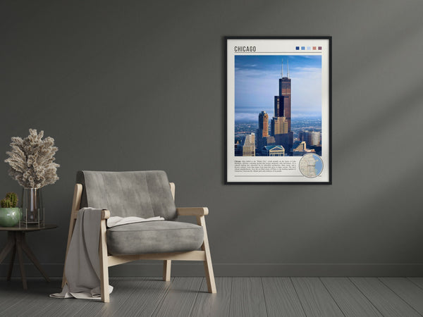 Descriptive Minimalist Willis Tower Poster in Black Frame