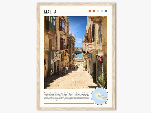 Descriptive Minimalist Malta Poster in Wooden Frame