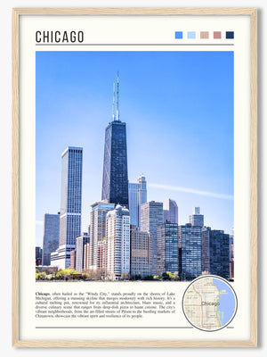 Descriptive Minimalist Chicago Skyline Poster in Wooden Frame