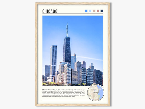 Descriptive Minimalist Chicago Skyline Poster in Wooden Frame