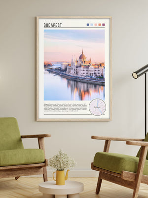 Descriptive Minimalist Budapest Poster in Wooden Frame displayed in a living room with green chairs.