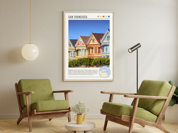 Descriptive Minimalist San Francisco Poster in Wooden Frame displayed in a living room with green chairs.