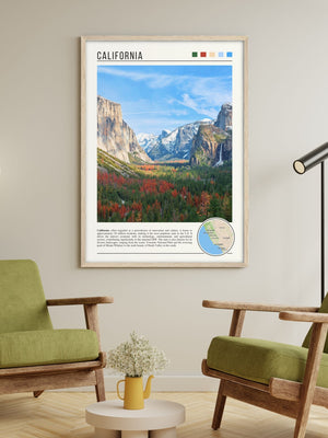 Descriptive Minimalist California Poster in Wooden Frame displayed in a living room with green chairs.