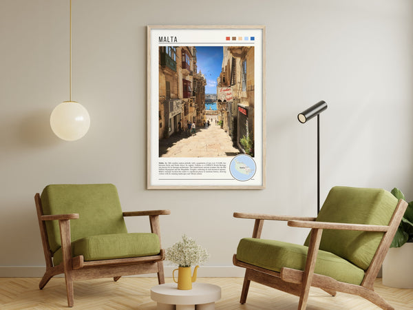 Descriptive Minimalist Malta Poster in Wooden Frame displayed in a living room with green chairs.