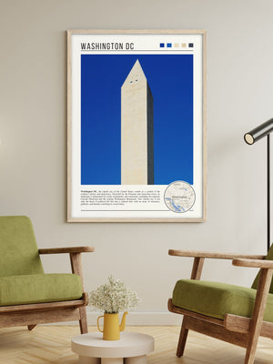 Descriptive Minimalist Washington Poster in Wooden Frame displayed in a living room with green chairs.