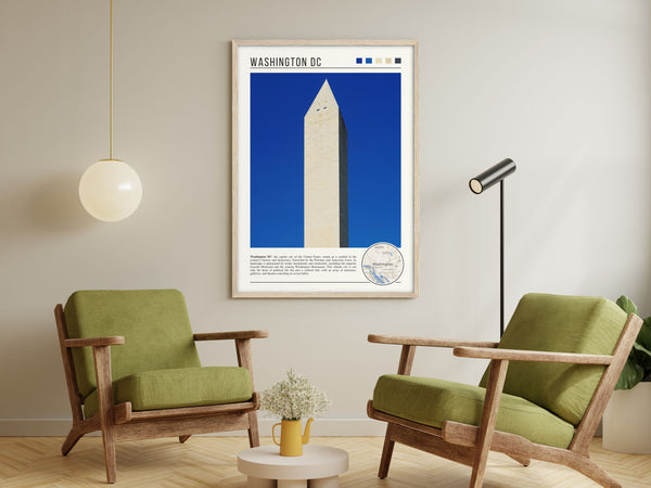 Descriptive Minimalist Washington Poster in Wooden Frame displayed in a living room with green chairs.