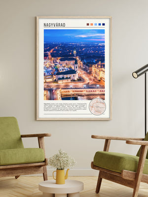 Descriptive Minimalist Nagyvárad Poster in Wooden Frame displayed in a living room with green chairs.