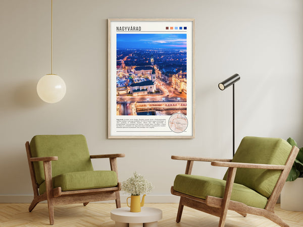 Descriptive Minimalist Nagyvárad Poster in Wooden Frame displayed in a living room with green chairs.