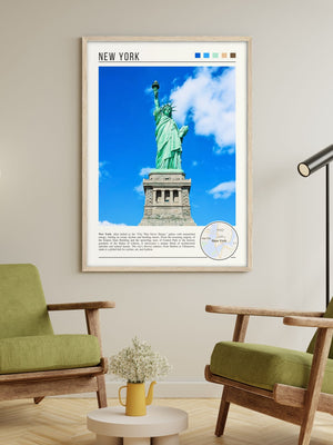 Descriptive Minimalist New York Poster in Wooden Frame displayed in a living room with green chairs.