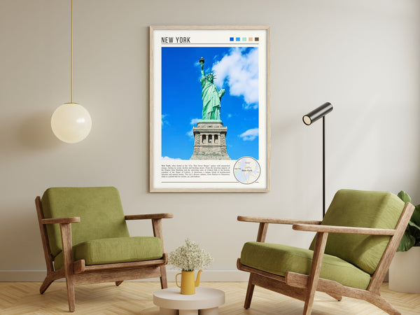 Descriptive Minimalist New York Poster in Wooden Frame displayed in a living room with green chairs.