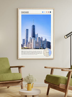 Descriptive Minimalist Chicago Skyline Poster in Wooden Frame displayed in a living room with green chairs.