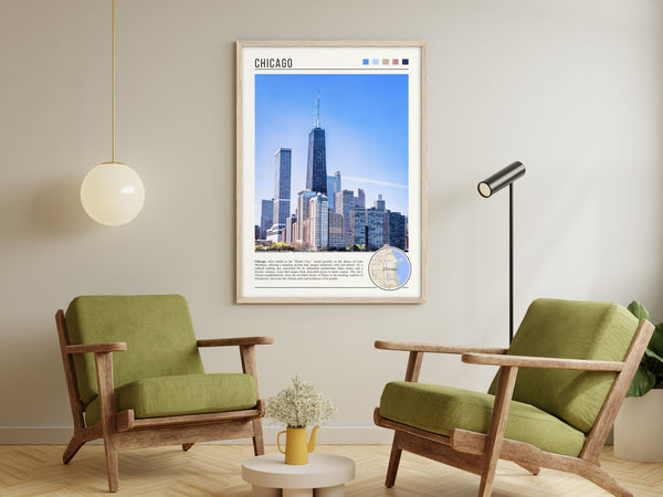 Descriptive Minimalist Chicago Skyline Poster in Wooden Frame displayed in a living room with green chairs.