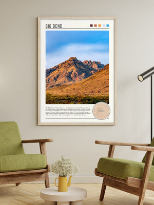 Descriptive Minimalist Big Bend Poster in Wooden Frame displayed in a living room with green chairs.