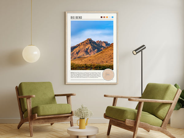 Descriptive Minimalist Big Bend Poster in Wooden Frame displayed in a living room with green chairs.