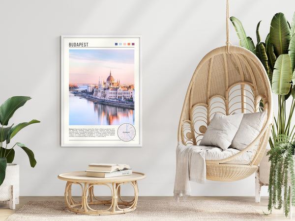 Descriptive Minimalist Budapest Poster in White Frame displayed in a modern living room with a wicker chair.