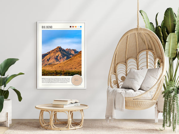 Descriptive Minimalist Big Bend Poster in White Frame displayed in a modern living room with a wicker chair.